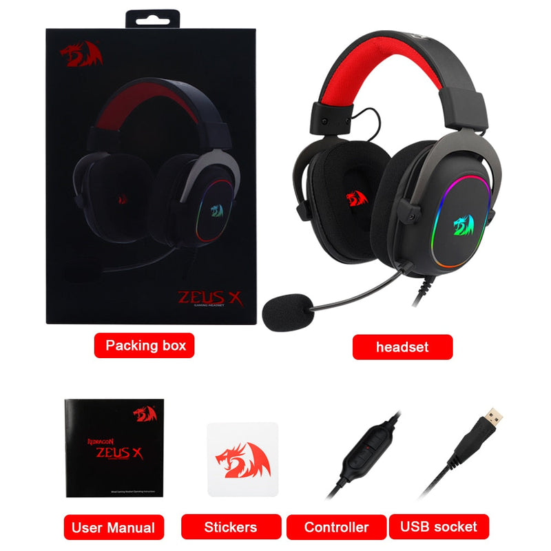 Fone Headset Redragon ZEUS X H510 com LED RGB com Fio - Microfone Som surround 7.1 para PC Xbox PS