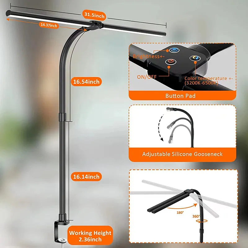 Luminária de Mesa LED Grande Dupla - para Monitor de PC Escritório Estudo - Cor e Brilho Ajustável - LED Antifadiga Proteção dos Olhos