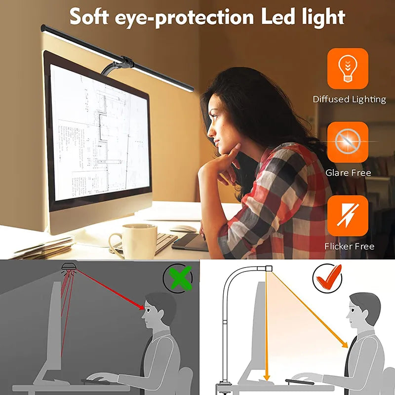 Luminária de Mesa LED Grande Dupla - para Monitor de PC Escritório Estudo - Cor e Brilho Ajustável - LED Antifadiga Proteção dos Olhos